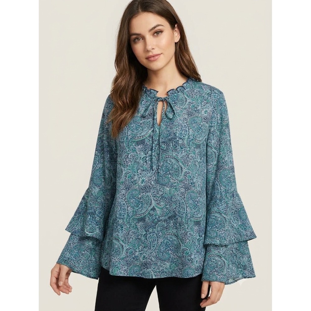 Frye Blouse Size Large Blue Green Paisley Tiered Bell Sleeve Top Victorian Boho